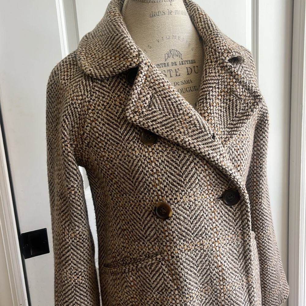 EUC J.Crew tan and brown tweed oversized button-down preppy old money pea coat - Picture 2 of 10